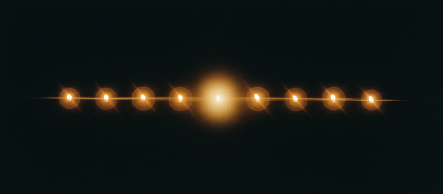 A row of candle-gold lights across deep darkness, one of them larger and surrounding the rest.