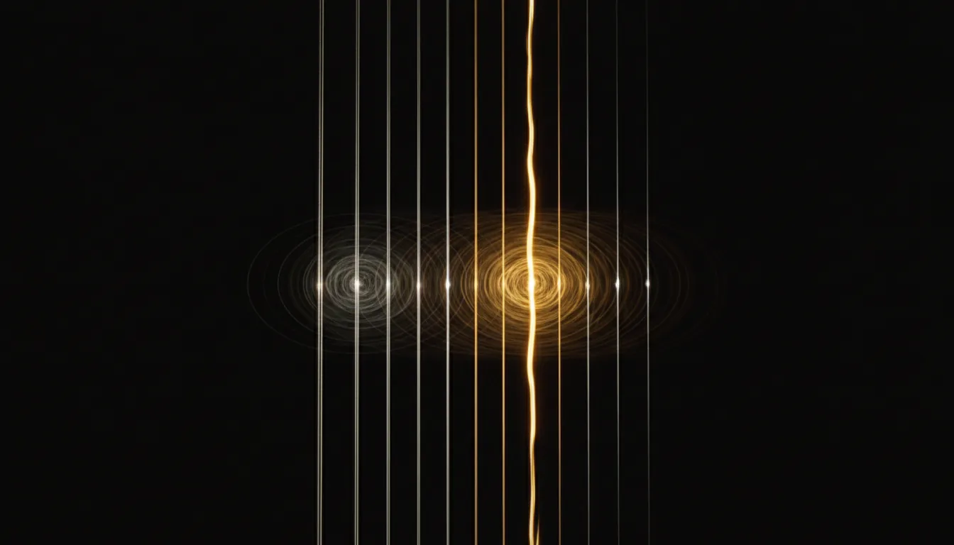 Eight strings of light stretched in darkness, the eighth glowing gold and setting the others resonating.