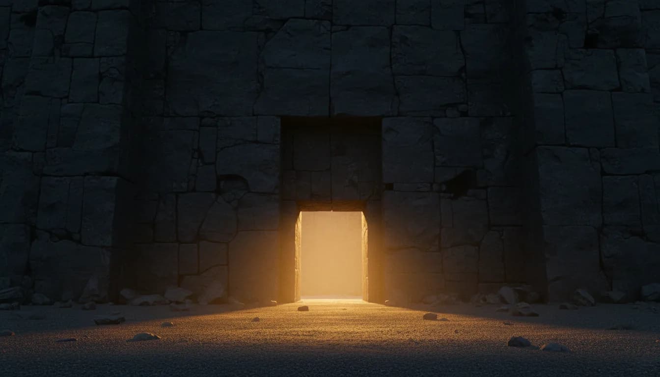 A dark stone threshold in an ancient wall, warm light spilling through from beyond it.