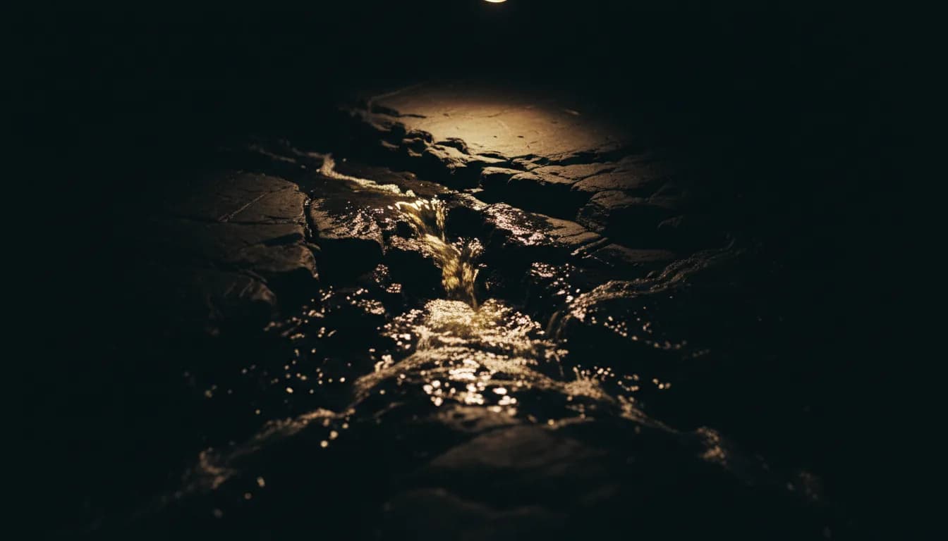 Wasser quillt aus dunklem, zerklüftetem Stein und fängt ein einzelnes warmes Licht.