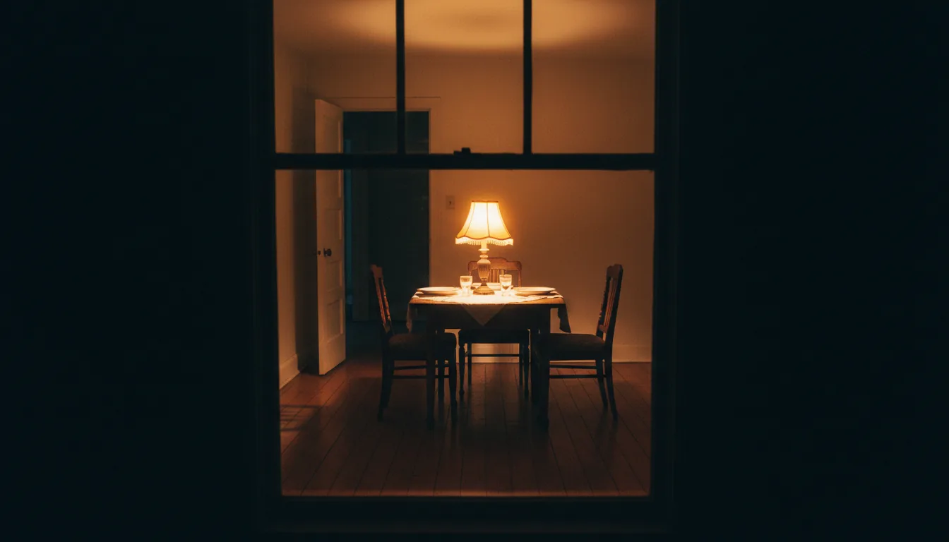 A plain lit room seen from outside at night: a set table, a lamp, and total darkness around it.