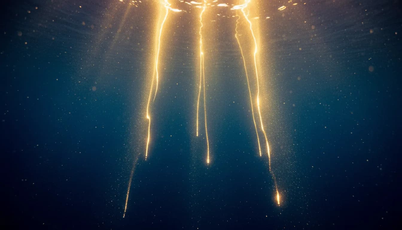 Shafts of gold light entering deep water from above until light and water are indistinguishable.