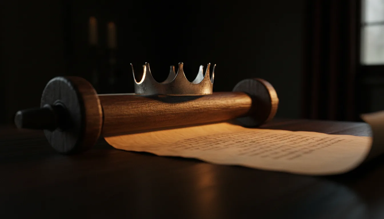 A scroll partly unrolled on a dark table, a plain silver crown resting on its rollers.