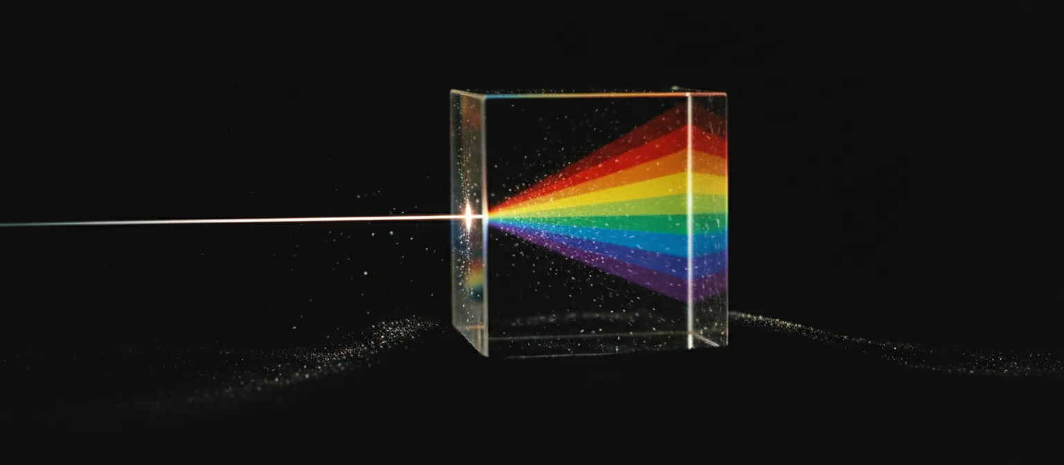 Ein einzelner weißer Lichtstrahl tritt in ein Prisma und verlässt es als Fächer unterschiedener Farben.