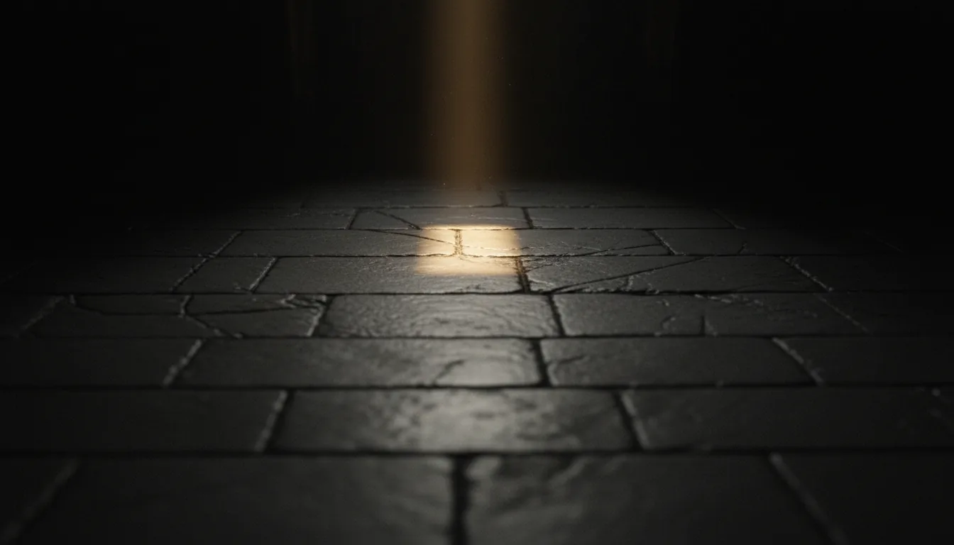 A worn stone floor in near-darkness, polished by footsteps, with one shaft of light falling across it.