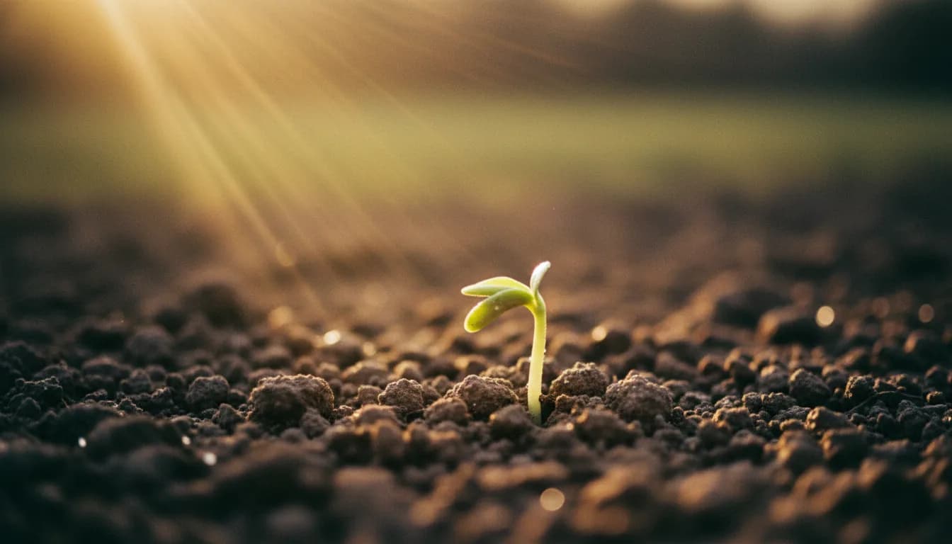 A single pale shoot rising from dark tilled earth into a shaft of warm light.